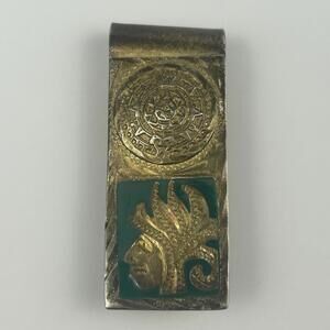 VTG Mexican Alpaca Silver Money Clip Aztec Calendar Eagle Warrior Slide